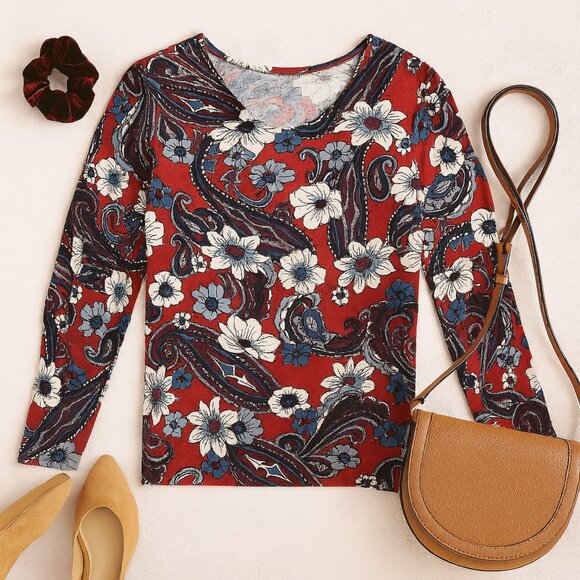 Talbots Sweater Merino Wool Red Paisley Floral Cottagecore Retro Chic M - Picture 2 of 10